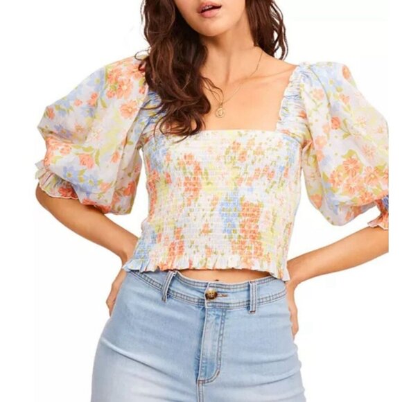 Billabong Feeling Groovy Puff Sleeve Floral Smocked Crop Blouse Top Blue Small - Picture 1 of 10